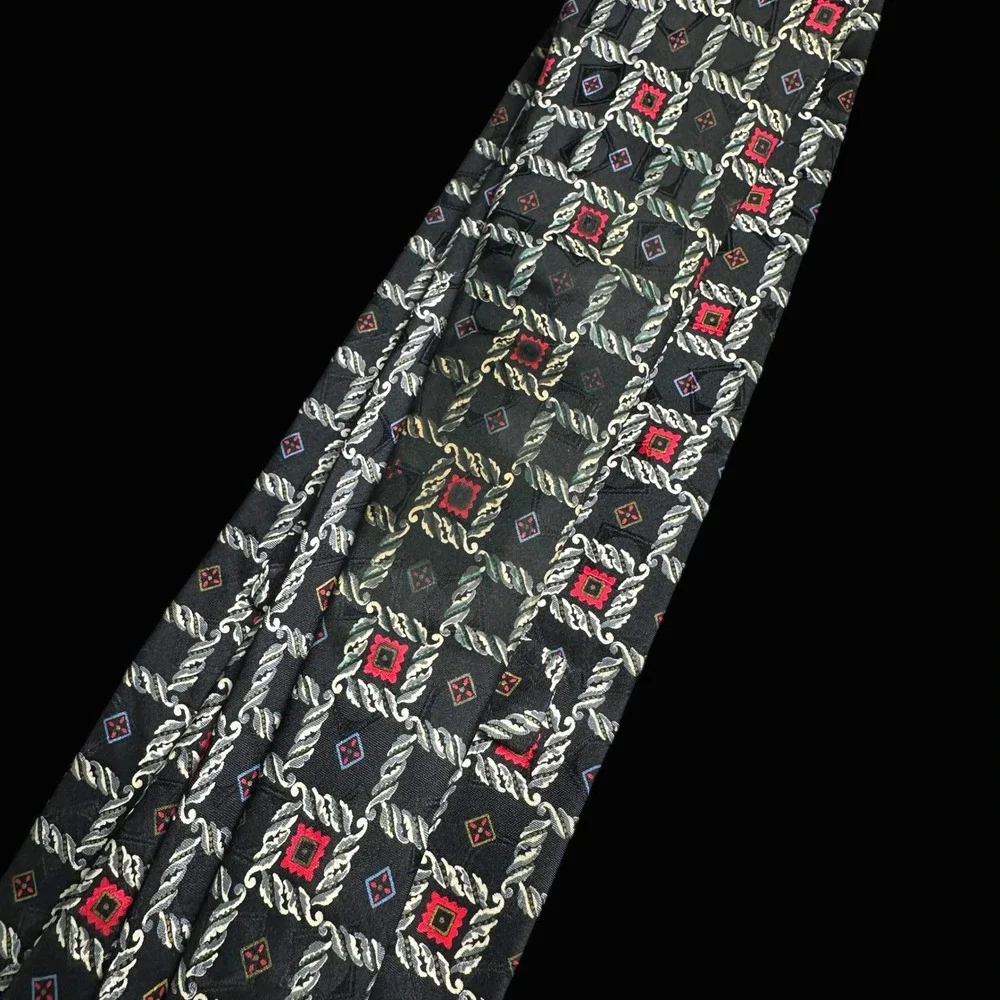 Brioni Mens Silk Tie Black Red Silver Rope‎ Medallion Geometric Handmade Italy